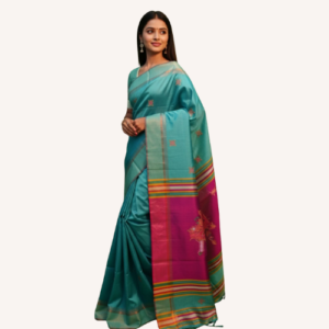 Serene Teal Bishnupuri Silk Saree with Vibrant Contrast