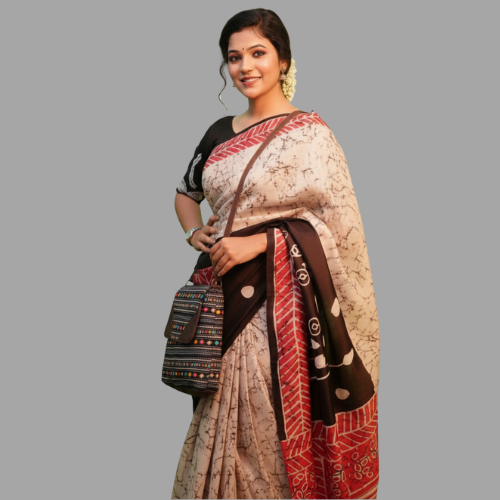 Hand-Painted Bishnupuri Silk Saree with Traditional Batik Work