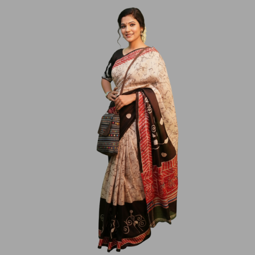 Hand-Painted Bishnupuri Silk Saree with Traditional Batik Work