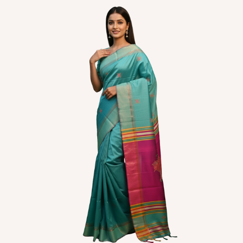 Serene Teal Bishnupuri Silk Saree with Vibrant Contrast