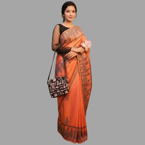Elegant Peach Bishnupuri Silk Saree with Terracotta Motifs