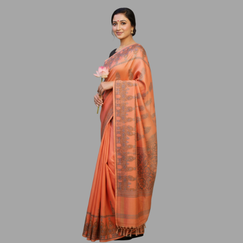 Elegant Peach Bishnupuri Silk Saree with Terracotta Motifs