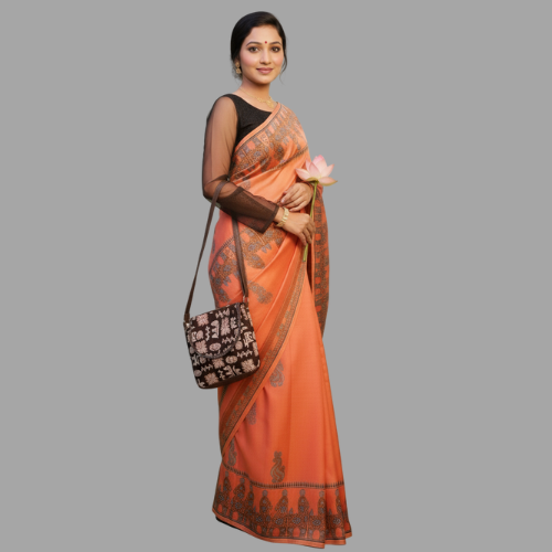 Elegant Peach Bishnupuri Silk Saree with Terracotta Motifs