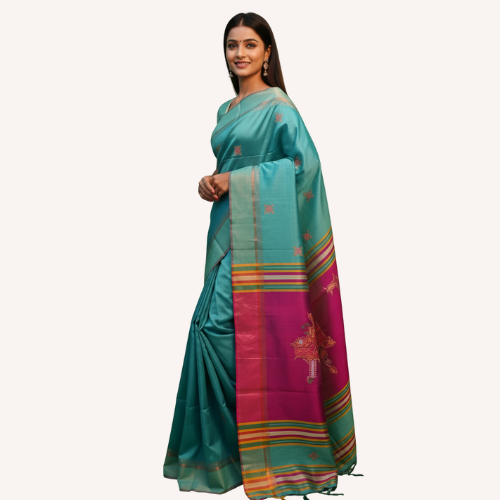 Serene Teal Bishnupuri Silk Saree with Vibrant Contrast