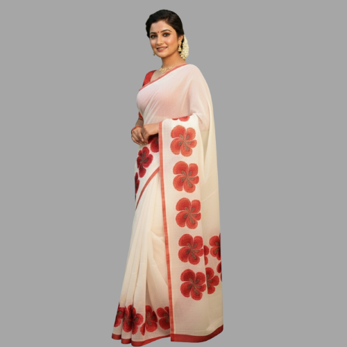 Classic White Handloom Saree with Bold Red Floral Kantha