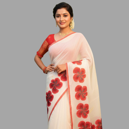 Classic White Handloom Saree with Bold Red Floral Kantha