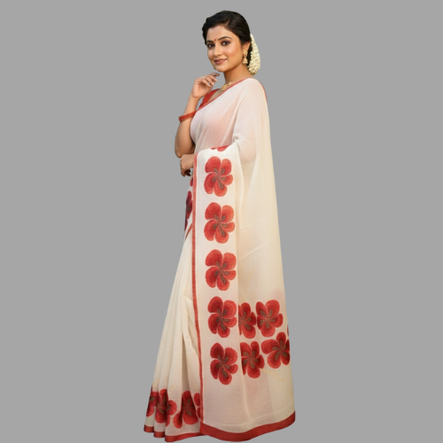 Classic White Handloom Saree with Bold Red Floral Kantha
