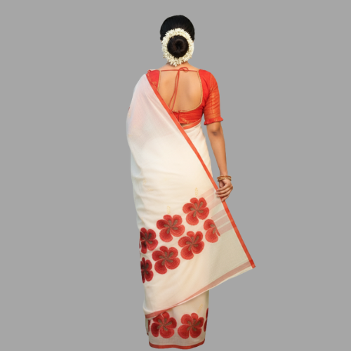 Classic White Handloom Saree with Bold Red Floral Kantha