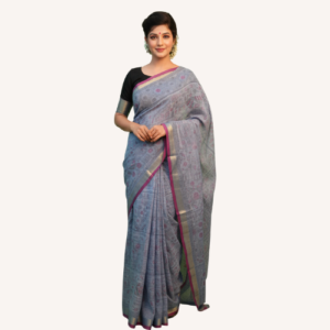 Soothing Grey Shantiniketani Saree with Intricate Kantha Print
