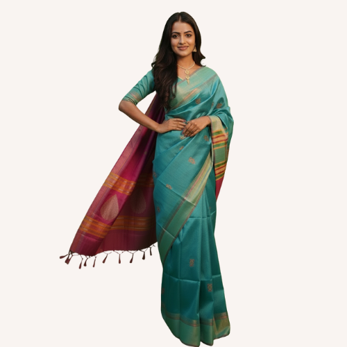 Serene Teal Bishnupuri Silk Saree with Vibrant Contrast