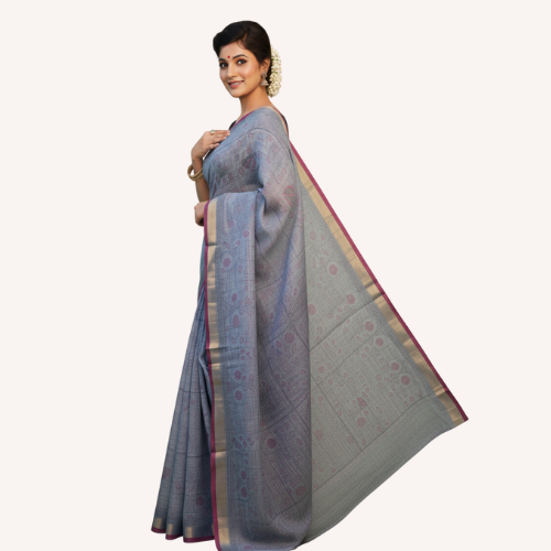 Soothing Grey Shantiniketani Saree with Intricate Kantha Print
