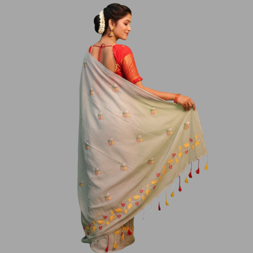 Charming Santipuri Handloom Saree with Kantha & Pompom Accents
