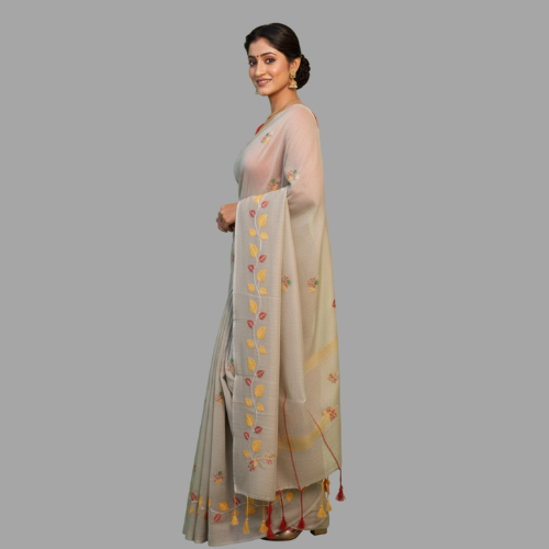 Charming Santipuri Handloom Saree with Kantha & Pompom Accents