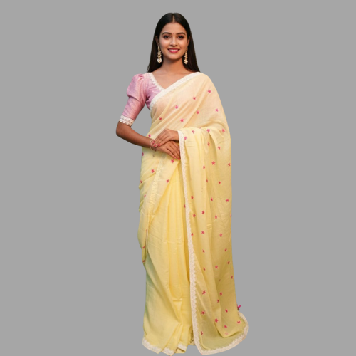 Sunshine Yellow Soft Cotton Saree with Playful Pompom Detail