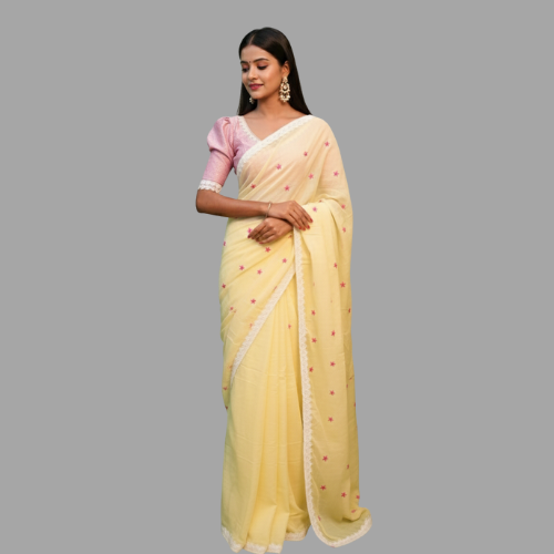 Sunshine Yellow Soft Cotton Saree with Playful Pompom Detail
