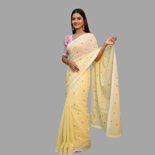 Sunshine Yellow Soft Cotton Saree with Playful Pompom Detail