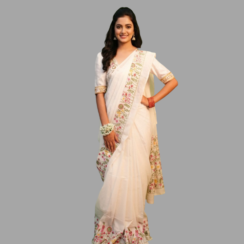 Pristine White Saree with MultiColor Kantha-Style Floral Embroidery