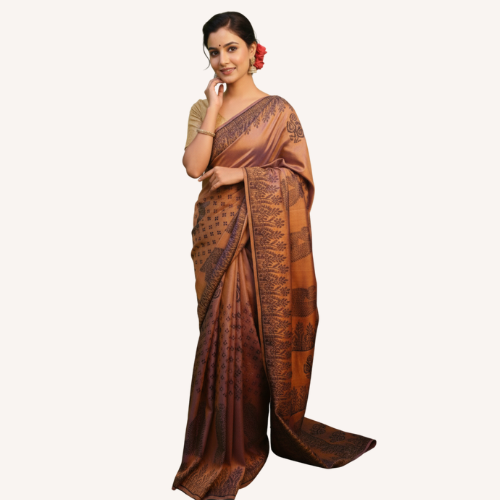 Opulent Bronze Bishnupuri Silk Saree with Woven Jaal