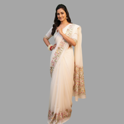 Pristine White Saree with MultiColor Kantha-Style Floral Embroidery