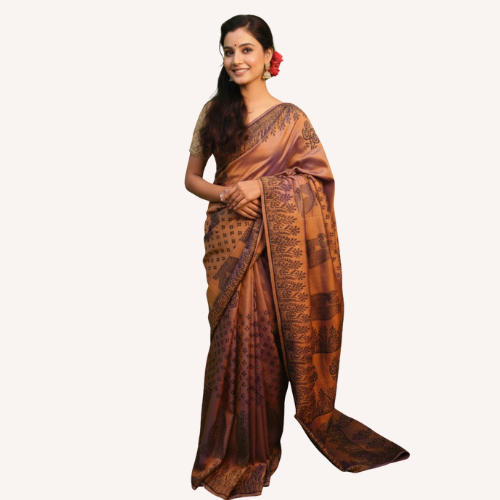 Opulent Bronze Bishnupuri Silk Saree with Woven Jaal