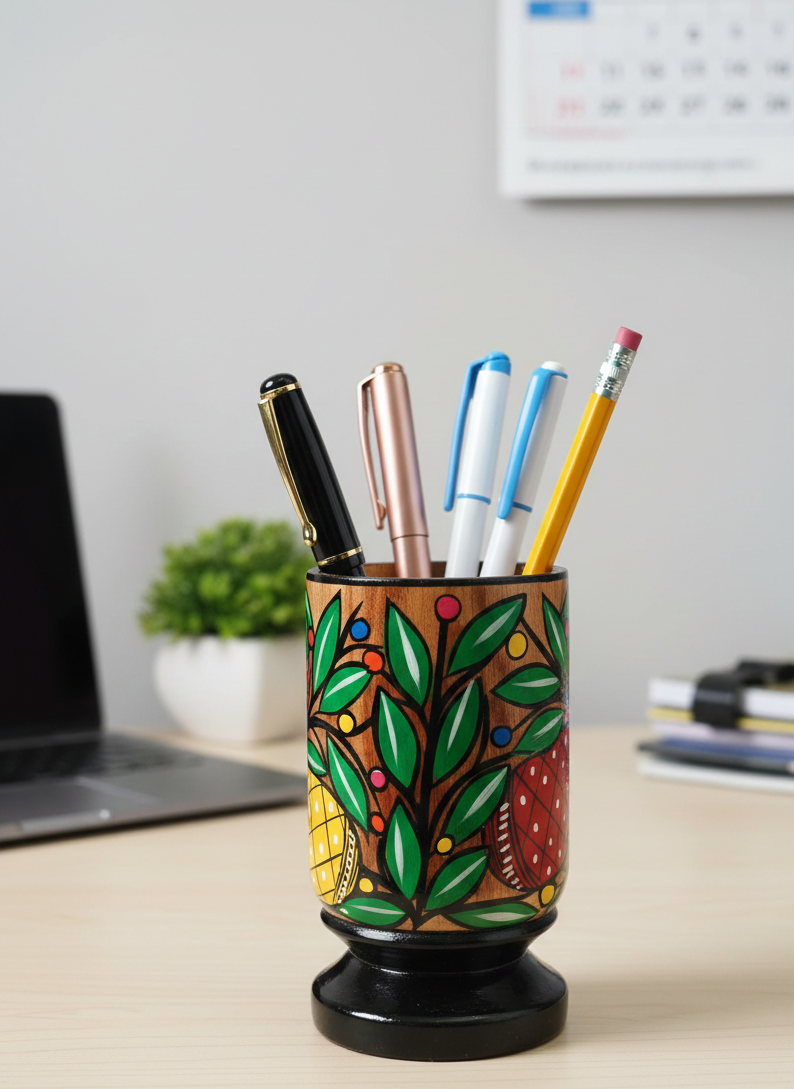 Hand-Painted Pattachitra Pen Stand (Wood)